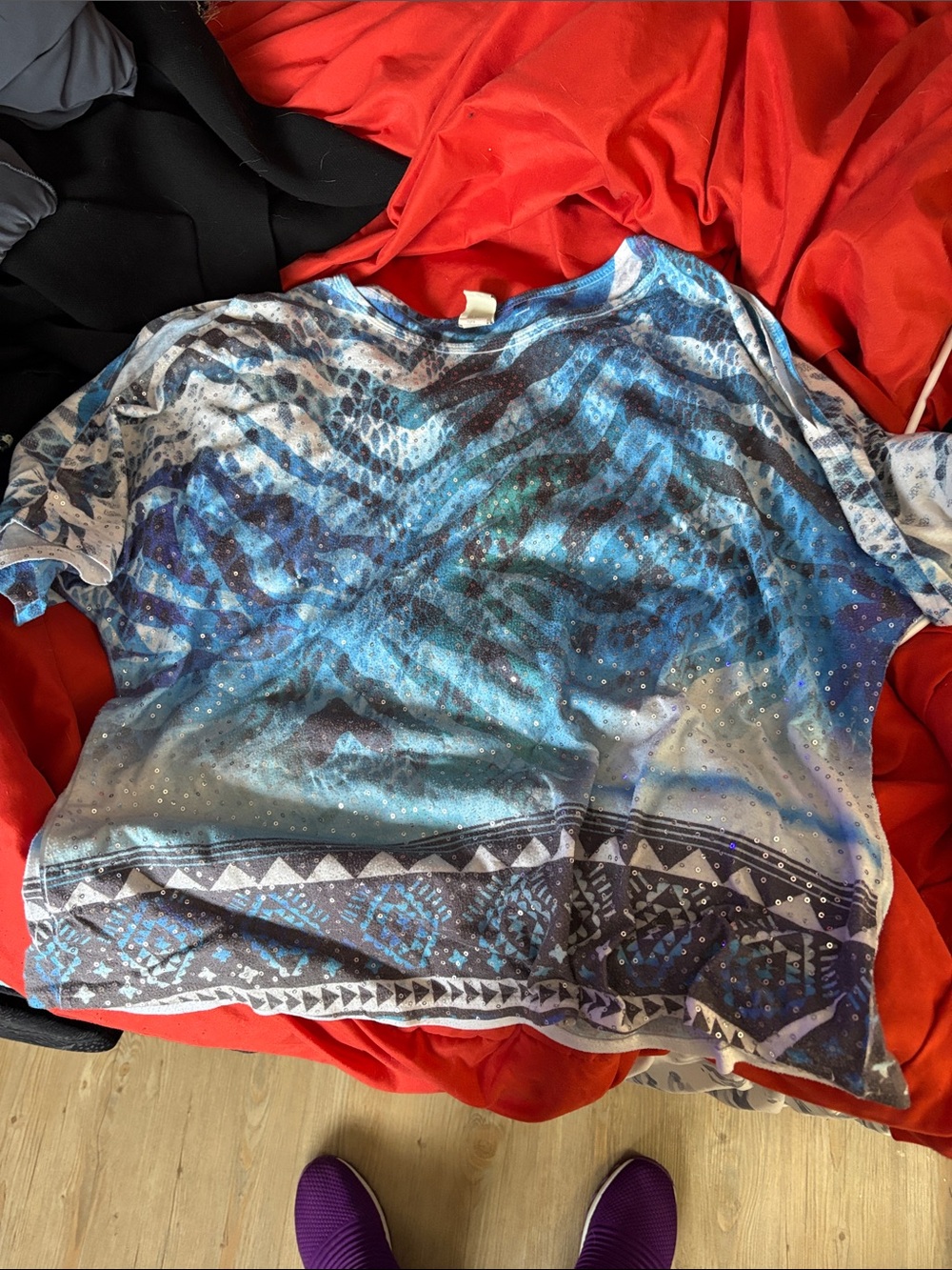 Blue Patterned Long Sleeve Tee with peek-a-boo sleeves and sequins